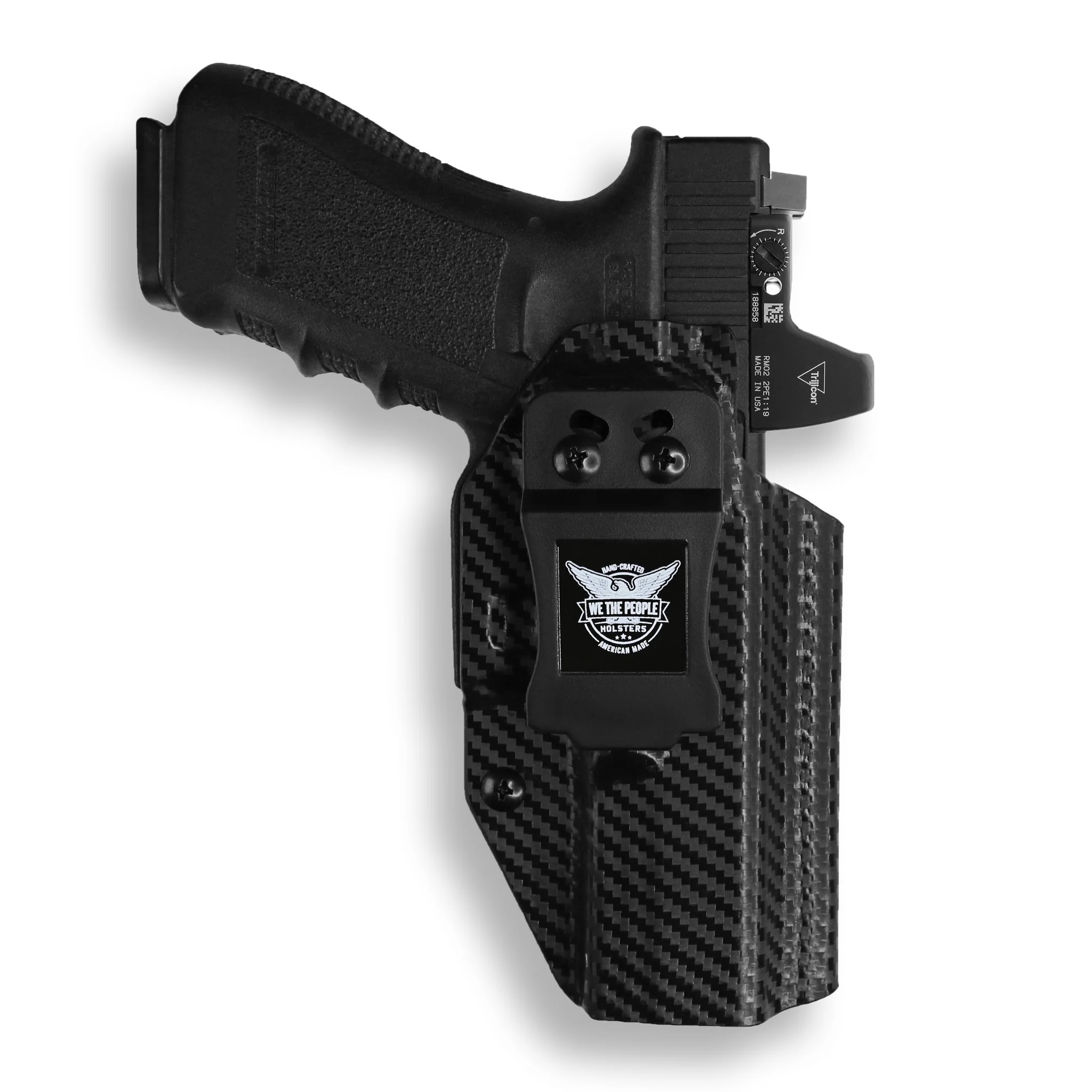 Glock 17 holster by we the people in black carbon fiber with trijicon red dot